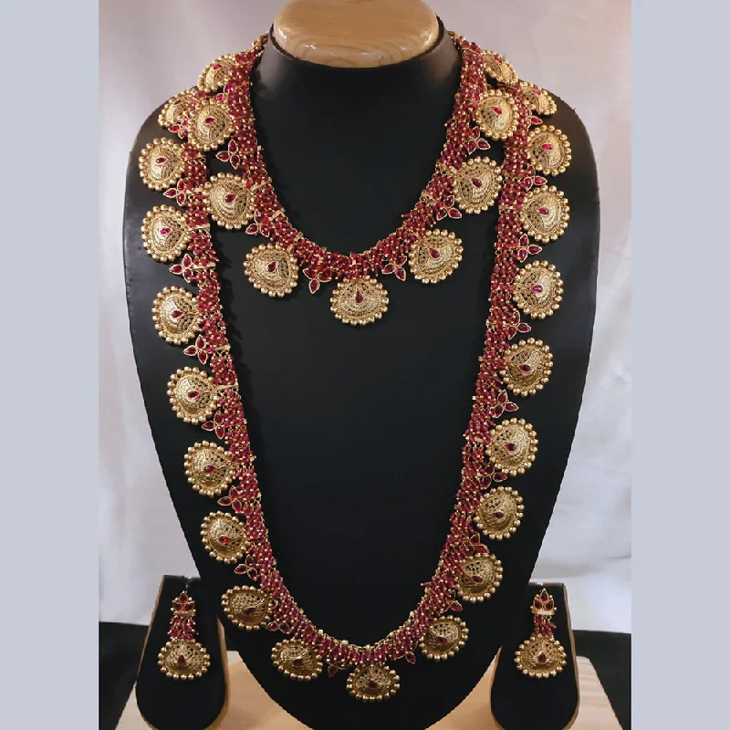 Gold Bead Necklace-Akruti Collection Gold Plated Pota Stone And Pearl Double Necklace Set