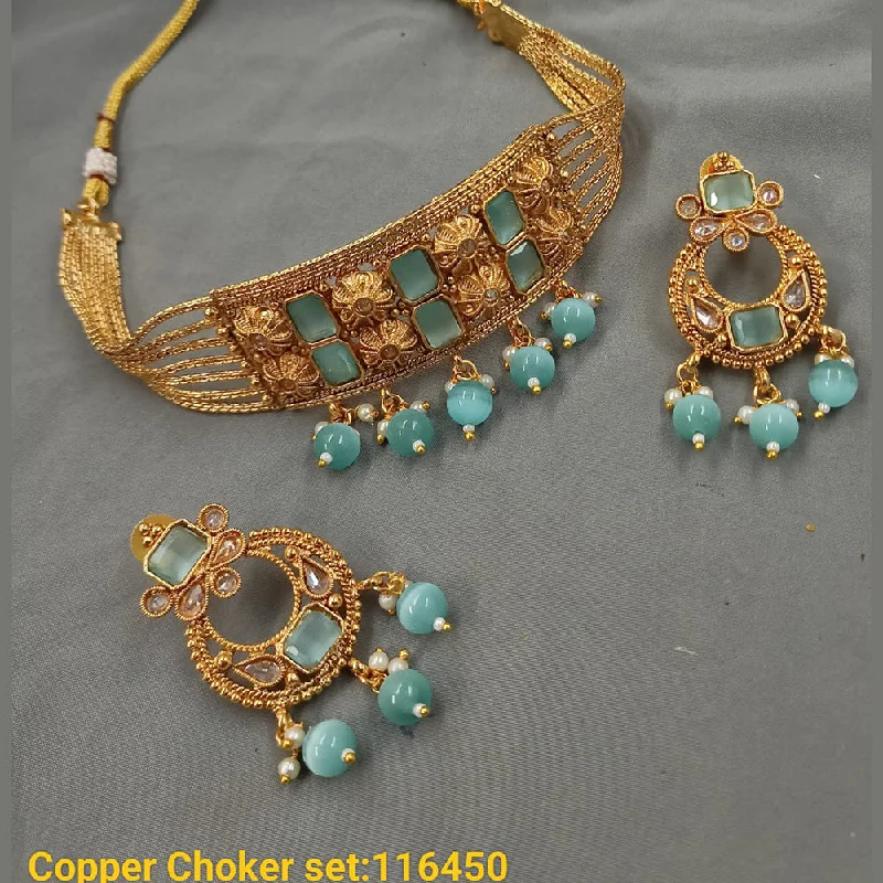 Layered Pendant Necklace-Padmawati Bangles Copper Gold Plated Crystal Stone & Beads Choker Necklace Set