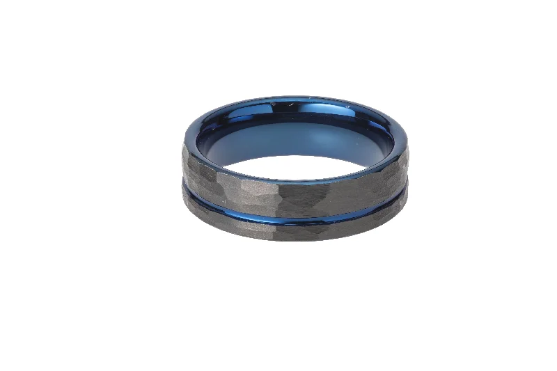 Personalized Promise Ring-Unique & Co 7mm Hammered Tungsten with Blue IP Ring