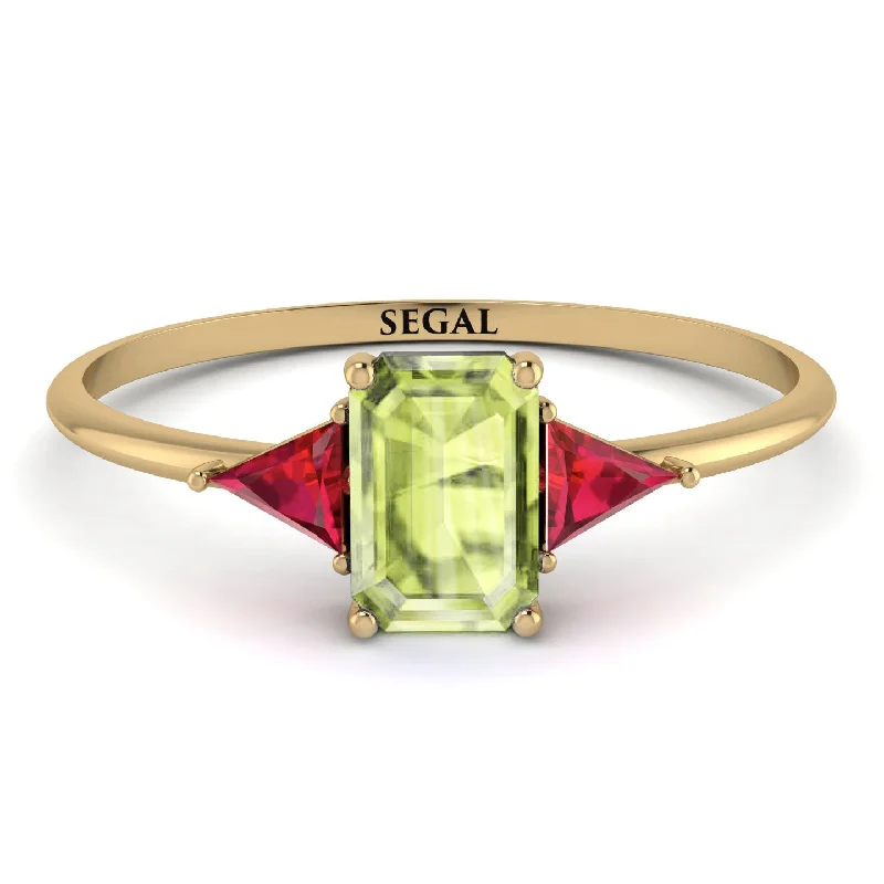 Stylish Diamond Ring-Emerald Cut Peridot With Triangles Ring - Remi No. 710