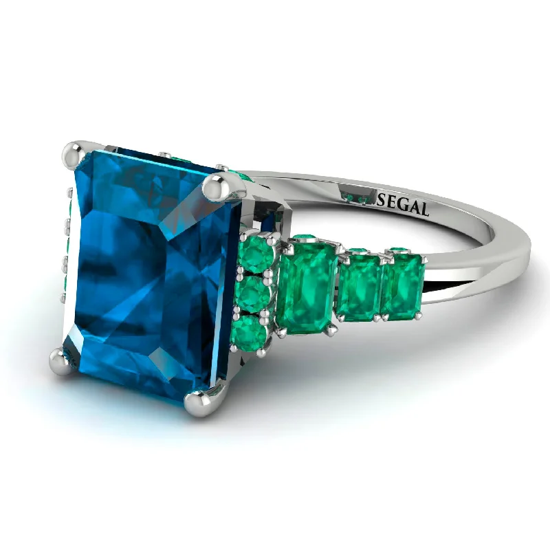 Luxury Diamond Band-Emerald Cut Blue Topaz Ring Hidden Round Diamonds - Sawyer No. 506