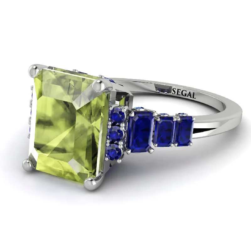 Silver Wedding Ring-Emerald Cut Peridot Ring Hidden Round Diamonds - Sawyer No. 715