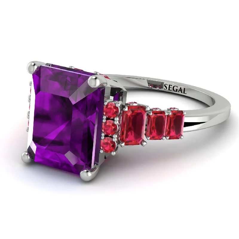 Titanium Wedding Band-Emerald Cut Amethyst Ring Hidden Round Diamonds - Sawyer No. 312