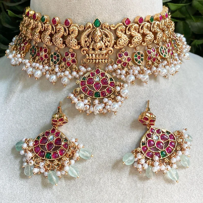 Unique Leather Necklace-Amoliya Jewels Gold Plated Kundan Stone And Pearls Choker Necklace Set