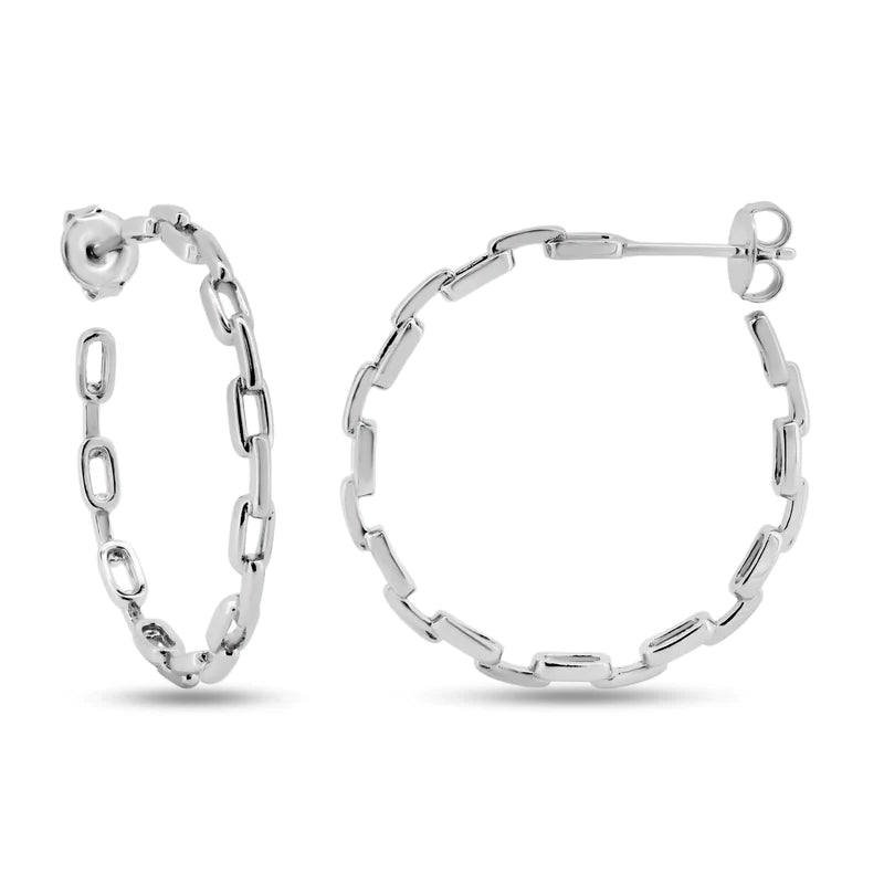 Cuff Style Earrings-Silver 925 Rhodium Plated Link Design Semi Hoop Earrings