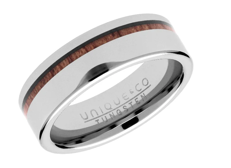 Rose Gold Stacking Rings-Unique & Co 7mm Tungsten Carbide Ring with Wood Inlay