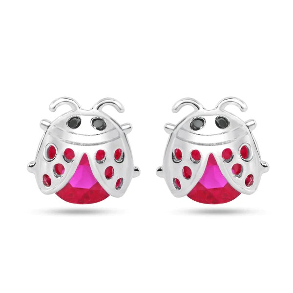 Silver Hoop Earrings-Sterling Silver Rhodium Plated Lady Bug Red CZ Stud