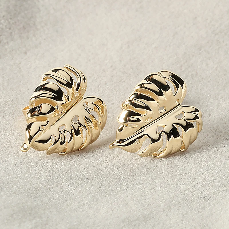 Large Hoop Earrings-14K Yellow Gold 3D Monstera Leaf Post Earrings