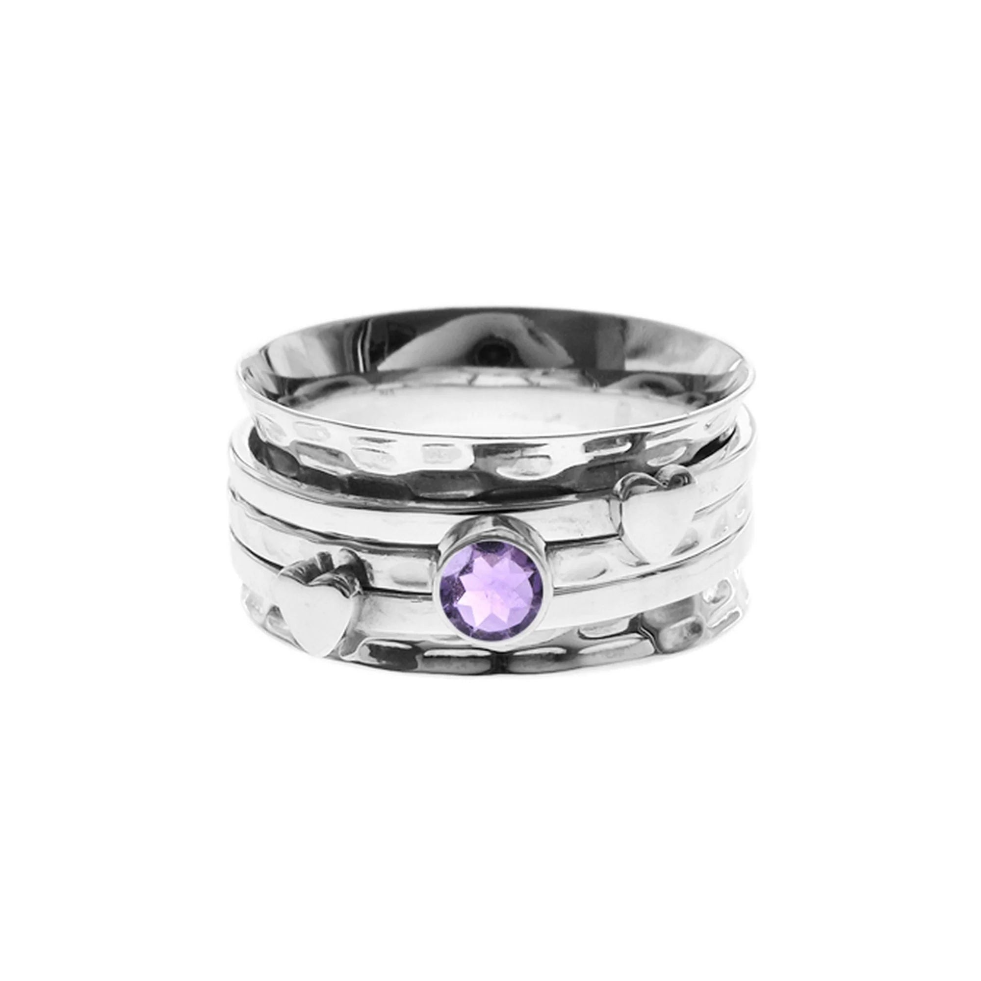 Fancy Engagement Ring-Amethyst Triple Band Spinning Ring with Hearts