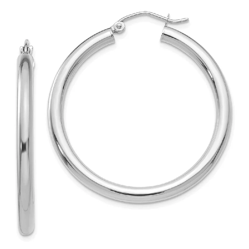 Boho Chic Earrings-3mm, 14k White Gold Classic Round Hoop Earrings, 35mm (1 3/8 Inch)