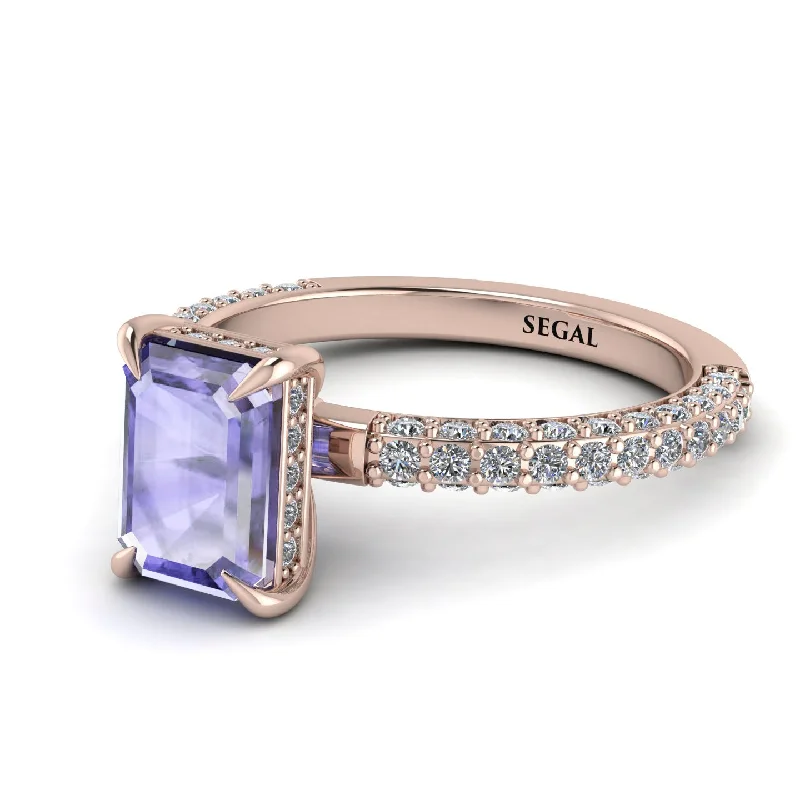 Simple Promise Ring-Hidden Halo Emerald Cut Tanzanite Engagement Ring - Ximena No. 202