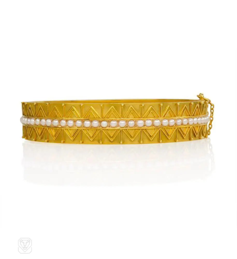 Traditional Silver Bangles-Antique gold and pearl etruscan bangle