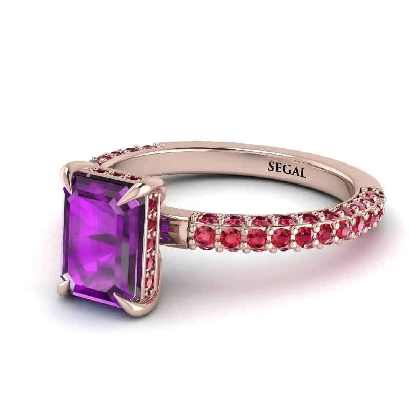 Silver Heart Shaped Ring-Hidden Halo Emerald Cut Amethyst Engagement Ring - Ximena No. 311