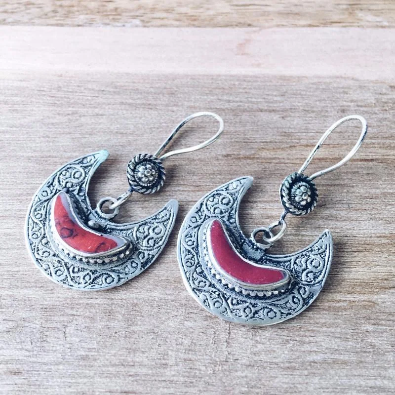 Elegant Drop Earrings-Crescent Kuchi Tribal Earrings - Coral