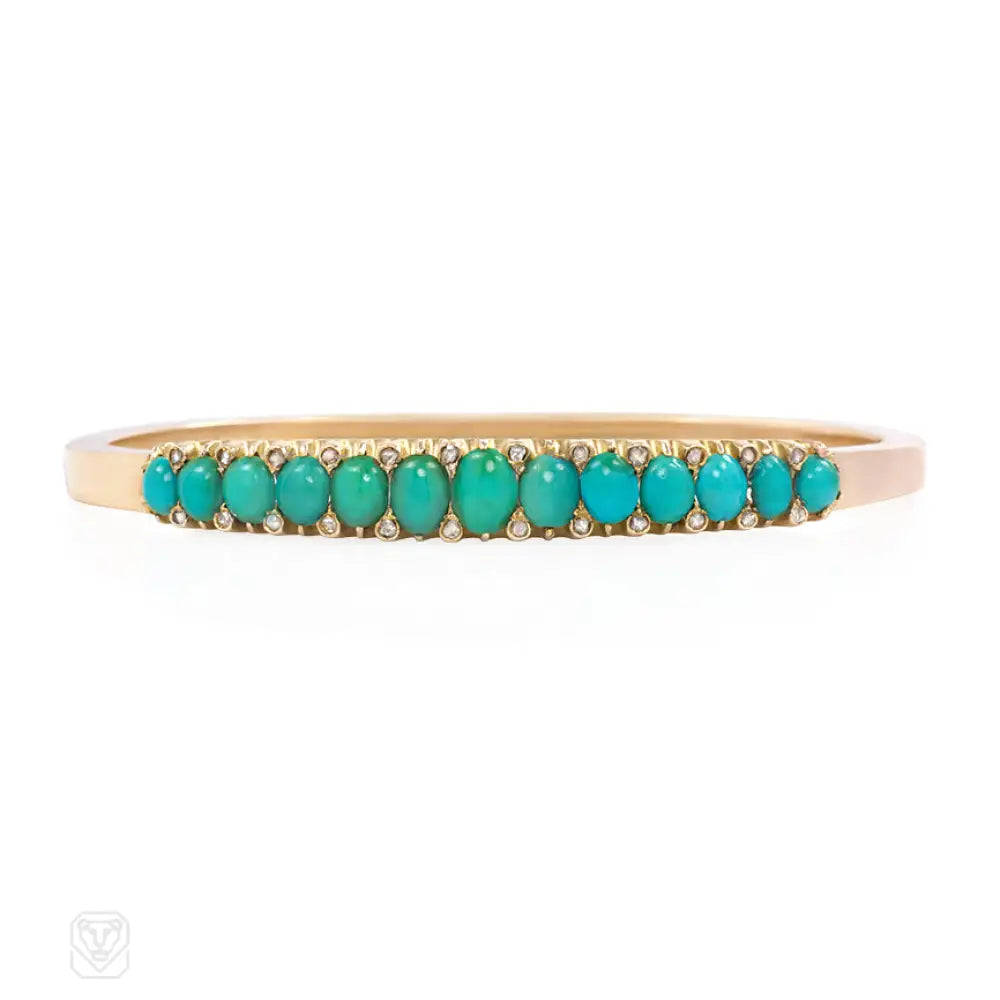 Engraved Gold Bangles-Antique Russian turquoise and diamond bangle