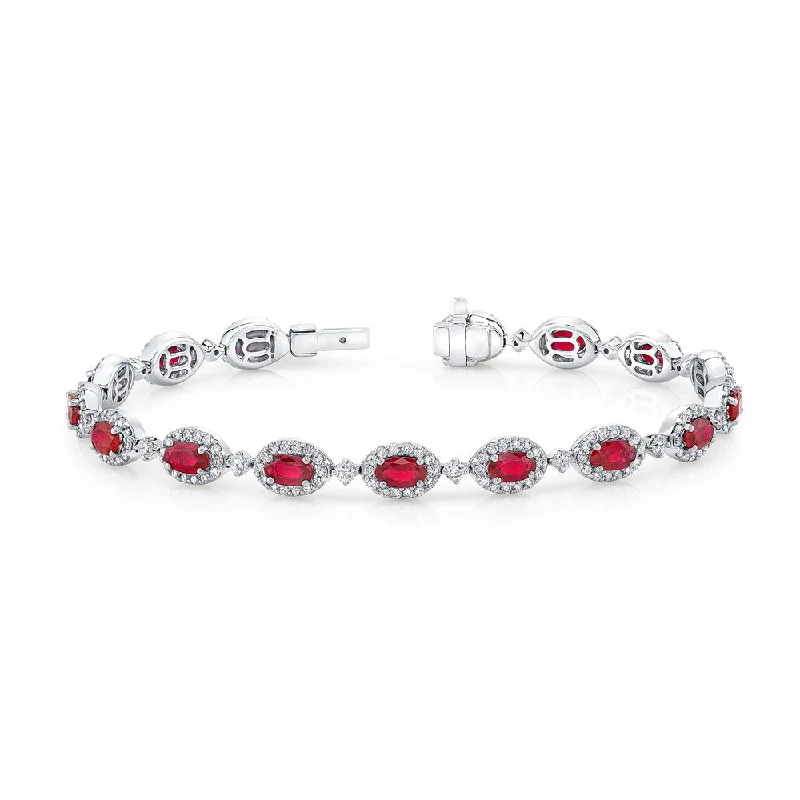 Custom Birthstone Bracelet-Uneek Precious Collection Halo Oval Shaped Ruby 0 Bracelet