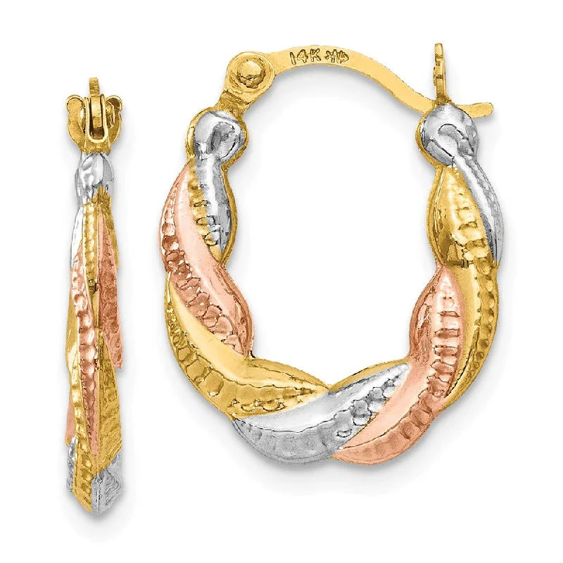 Double Hoop Earrings-Tri-Color Twisted Hoops in 14k Yellow Gold with White and Rose Rhodium