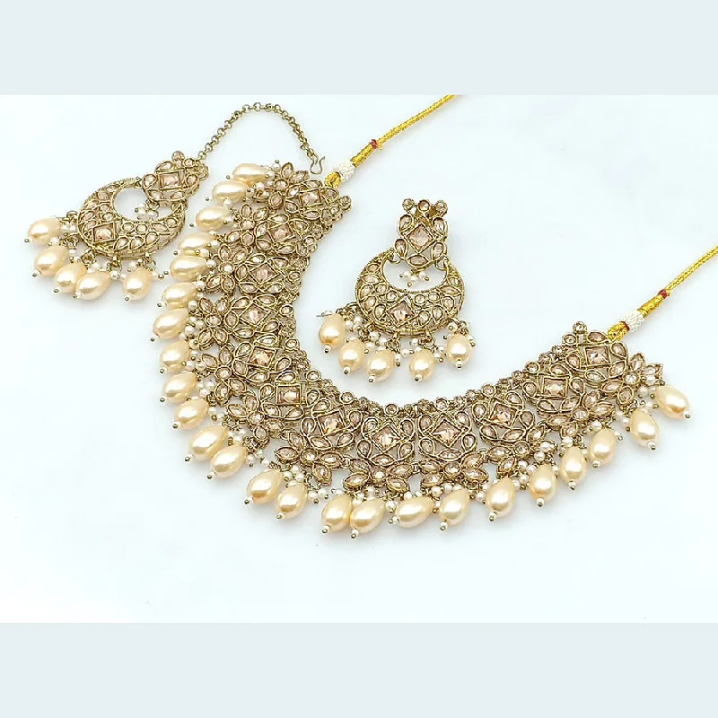 Wedding Bridal Necklace-Rajwadi Collection Gold Plated Crystal Stone And Beads Necklace Set