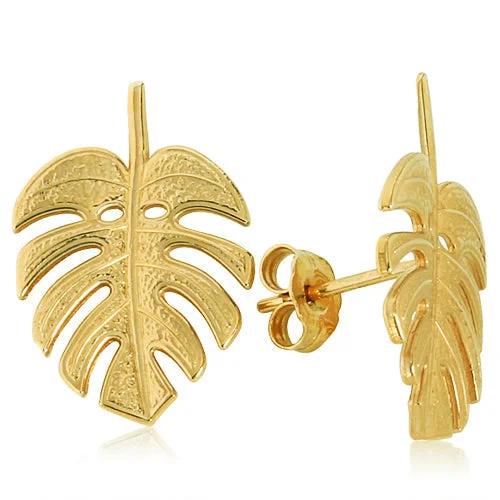 Classic Silver Hoop Earrings-14K Yellow Gold Monstera Leaf Post Earrings