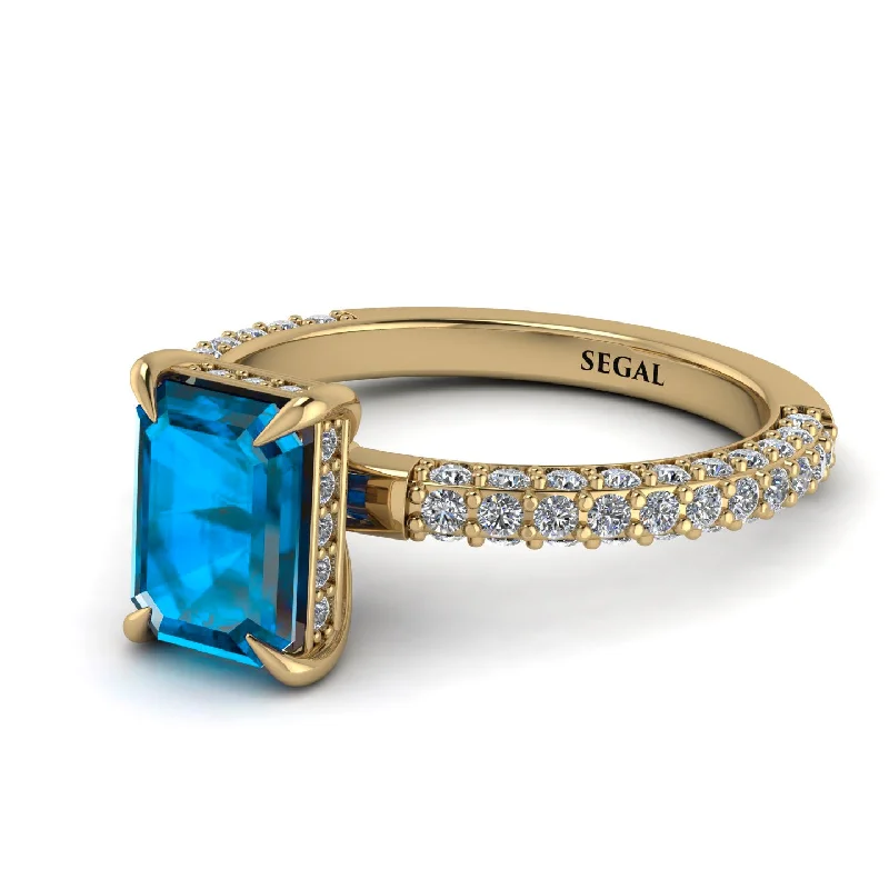 Elegant Diamond Wedding Ring-Hidden Halo Emerald Cut Blue Topaz Engagement Ring - Ximena No. 501