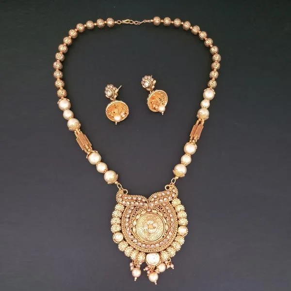 Simple Bar Pendant Necklace-Darshana Jewels AD Stone Pearl Copper Necklace Set - FAP0183B