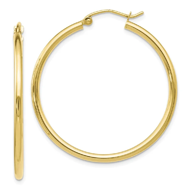 Elegant Leaf Earrings-2mm Round Hoop Earrings in 10k Yellow Gold, 35mm (1 3/8 Inch)