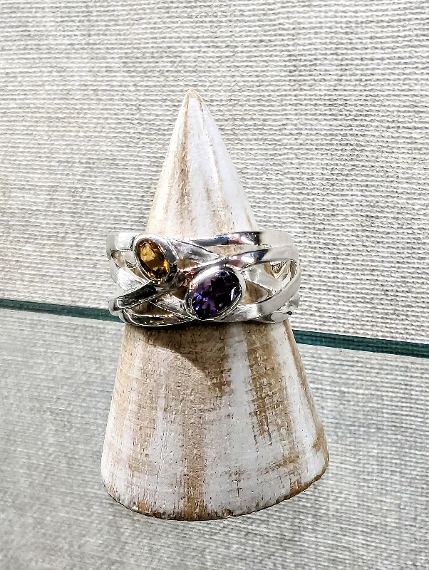 Men's Statement Ring-Silver Amethyst and Citrine Ring