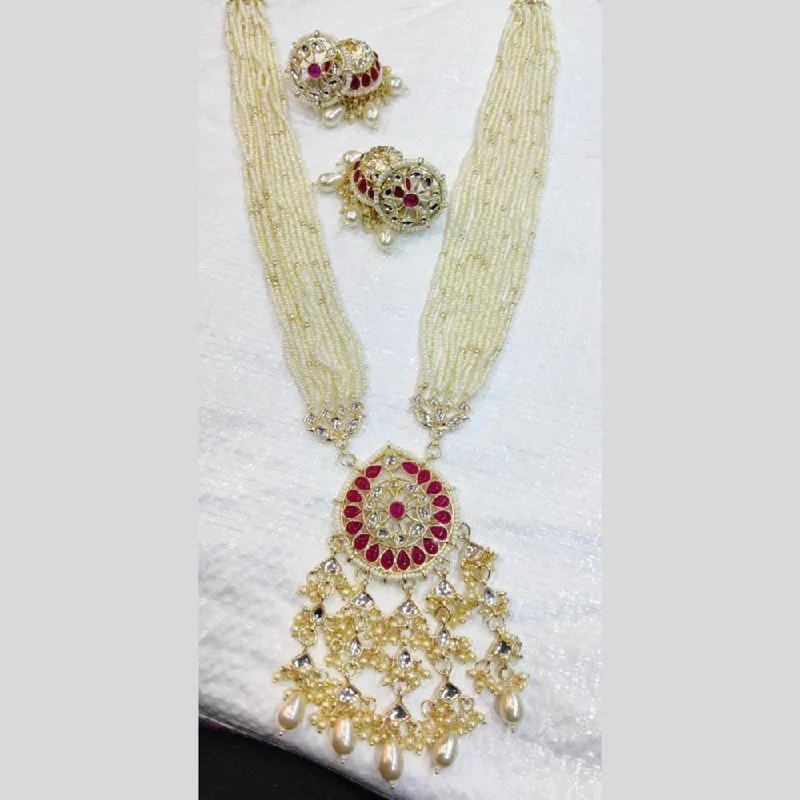 Custom Diamond Necklace-Akruti Collection Gold Plated Kundan Stone And Pearls Long Necklace Set