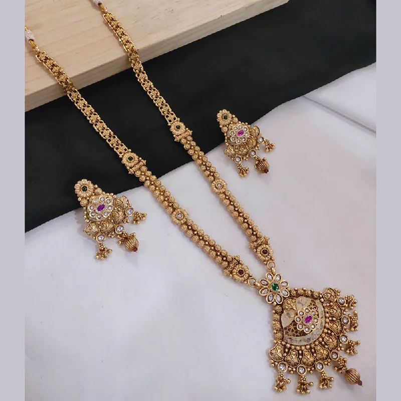 Trendy Multi-layer Necklace-Akruti Collection Gold Plated Kundan Stone And Pearls Meenakari Long Necklace Set