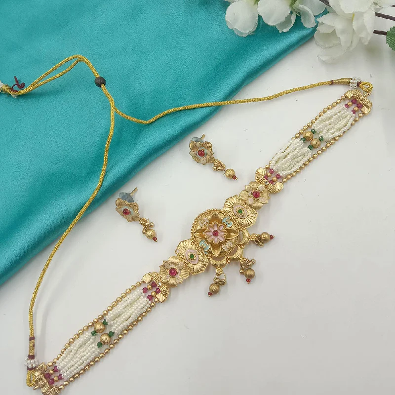 Modern Designer Necklace-SP Jewellery Gold Plated Pota Stone Meenakari Choker Necklace Set