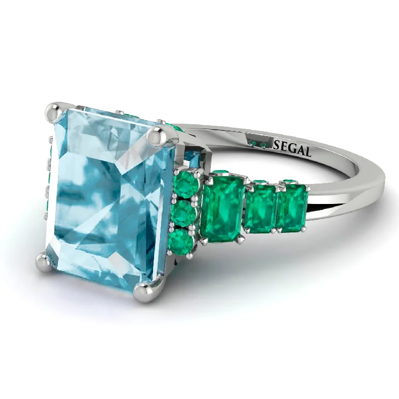 Personalized Stacking Ring-Emerald Cut Aquamarine Ring Hidden Round Diamonds - Sawyer No. 406