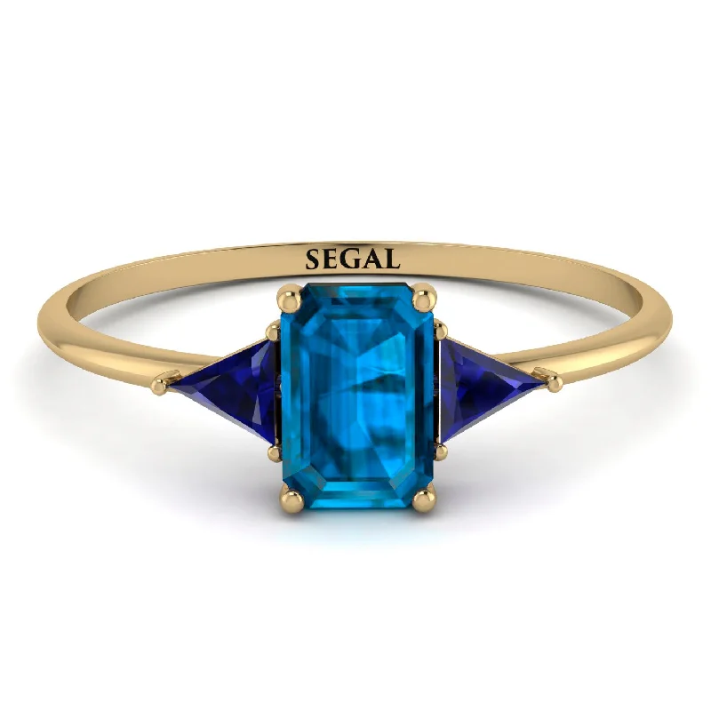 Classic Gemstone Wedding Band-Emerald Cut Blue Topaz With Triangles Ring - Remi No. 513