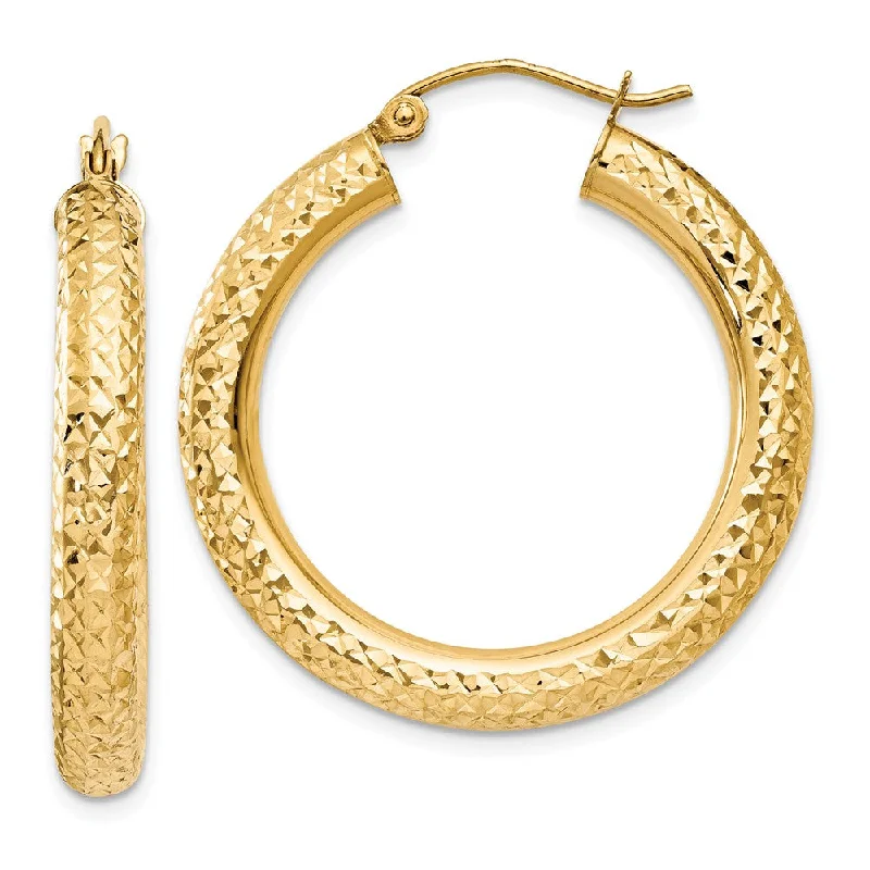 Large Statement Earrings-4mm, 14k Yellow Gold Diamond-cut Hoops, 30mm (1 1/8 Inch)