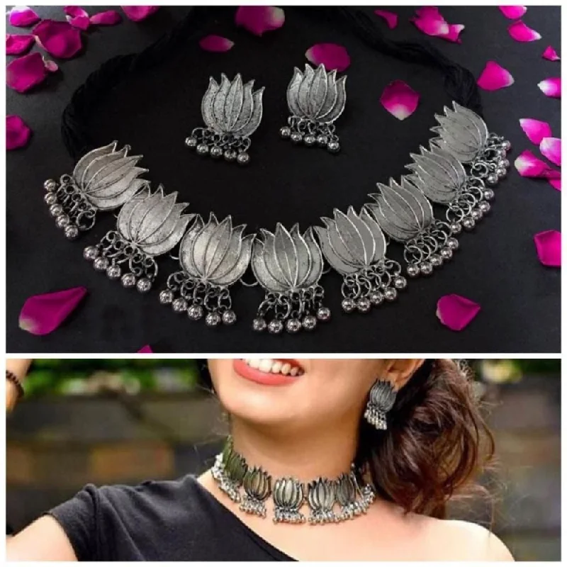 Unique Designer Necklace-Darshana Jewels Oxidised Plated Lotus Design Choker Necklace Set