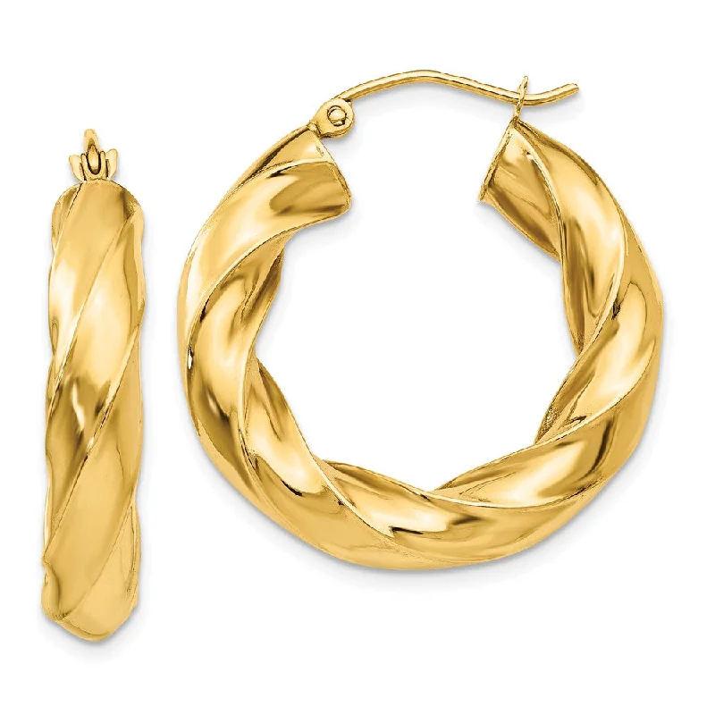 Round Gold Earrings-5mm x 27mm Polished 14k Yellow Gold Round Twisted Hoop Earrings