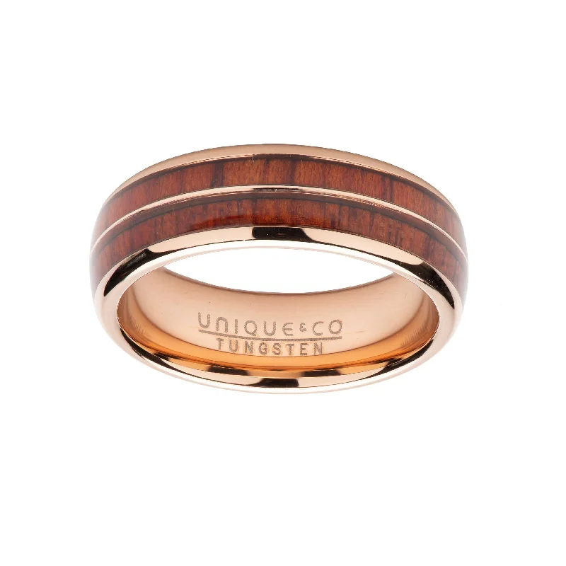 Unique Birthstone Ring-Unique & Co 7mm Wood Inlay with Rose IP Band Ring