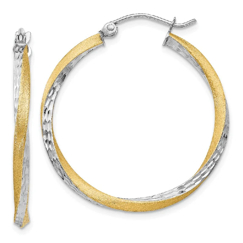 Wedding Diamond Earrings-2.5mm, Twisted Hoops in 14k Yellow Gold and Rhodium, 30mm (1 1/8 Inch)