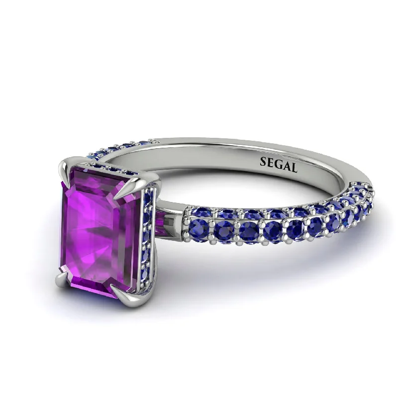 Handcrafted Diamond Ring-Hidden Halo Emerald Cut Amethyst Engagement Ring - Ximena No. 315