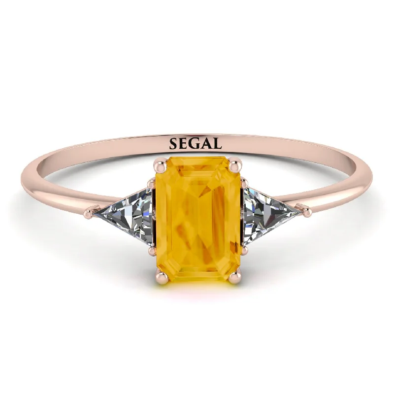 Classic Diamond Wedding Band-Emerald Cut Citrine With Triangles Ring - Remi No. 602