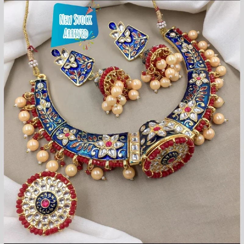 Silver Pendant Necklace-FS Collection Gold Plated Kundan Pearl And Meenakari Necklace Set