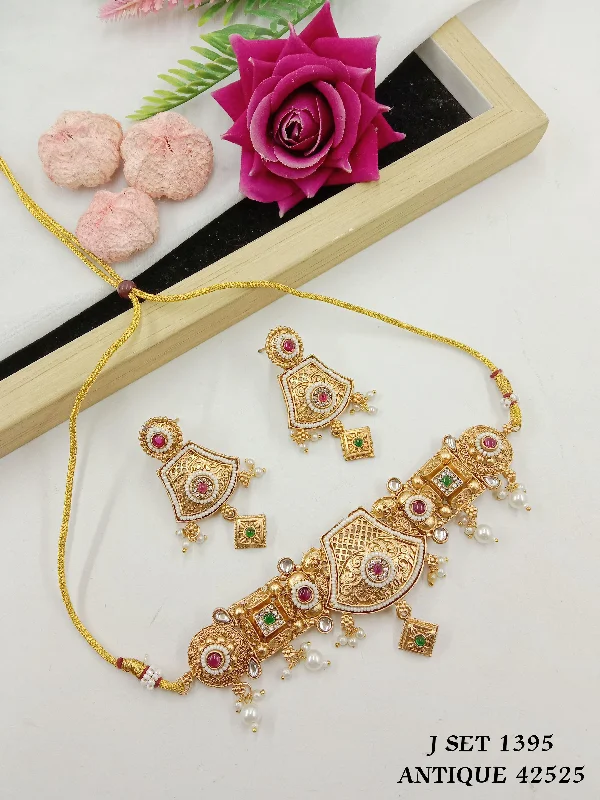 Bridal Wedding Necklace-SP Jewellery Gold Plated Pota Stone And Pearls Choker Necklace Set