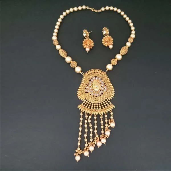 Chunky Bead Necklace-Darshana Jewels AD Stone Pearl Copper Necklace Set - FAP0184