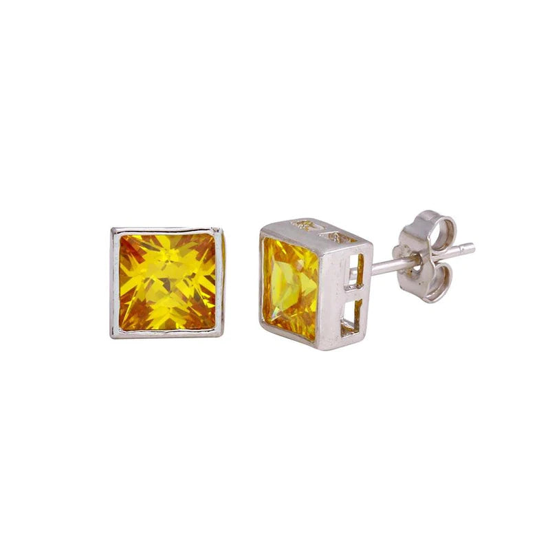 Rainbow Gem Earrings-Silver 925 Rhodium Plated Square Yellow CZ Stud Earrings