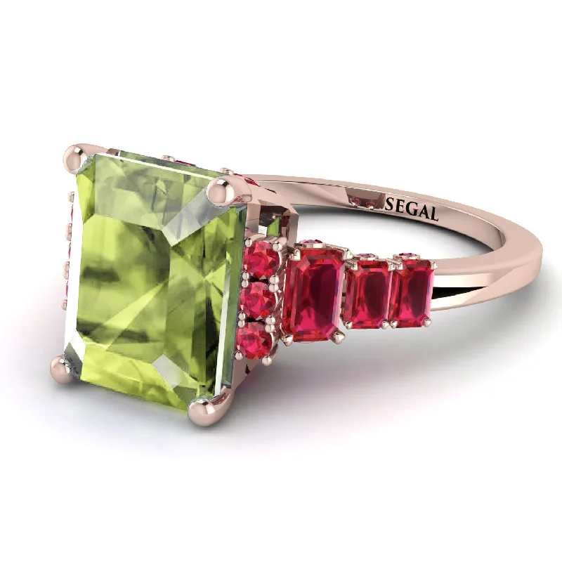 Gold Stacking Rings-Emerald Cut Peridot Ring Hidden Round Diamonds - Sawyer No. 711