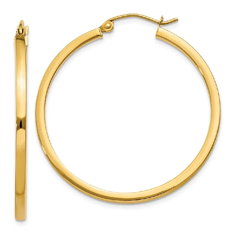 Luxurious Sapphire Earrings-2mm, 14k Yellow Gold Square Tube Round Hoop Earrings, 35mm (1 3/8 In)