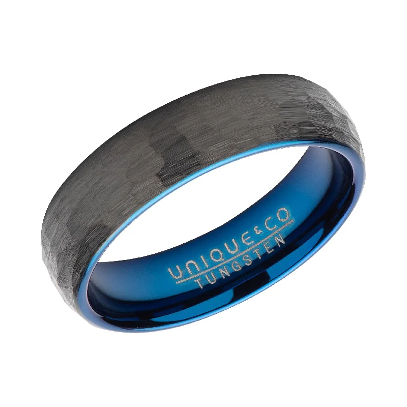 Large Gold Ring-Unique & Co Hammered Tungsten Black and Blue Ring