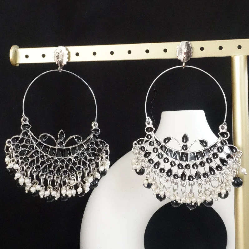 Designer Silver Earrings-Black Pearl Chandbali