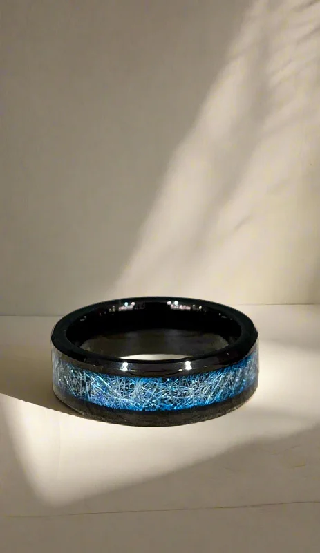 Fashionable Cocktail Ring-Unique & Co Tungsten Carbide and Meteorite Black/Blue Ring