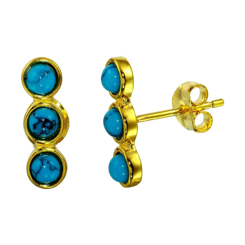 Gold Stud Earrings for Women-Silver 925 Gold Plated 3 Round Turquoise Earrings