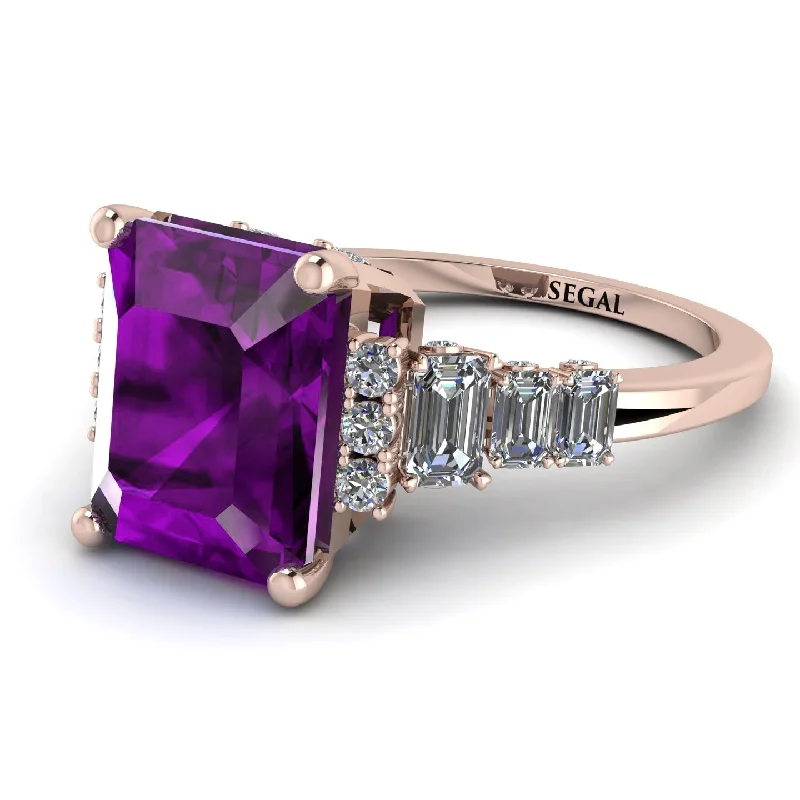 Birthstone Ring for Mom-Emerald Cut Amethyst Ring Hidden Round Diamonds - Sawyer No. 302